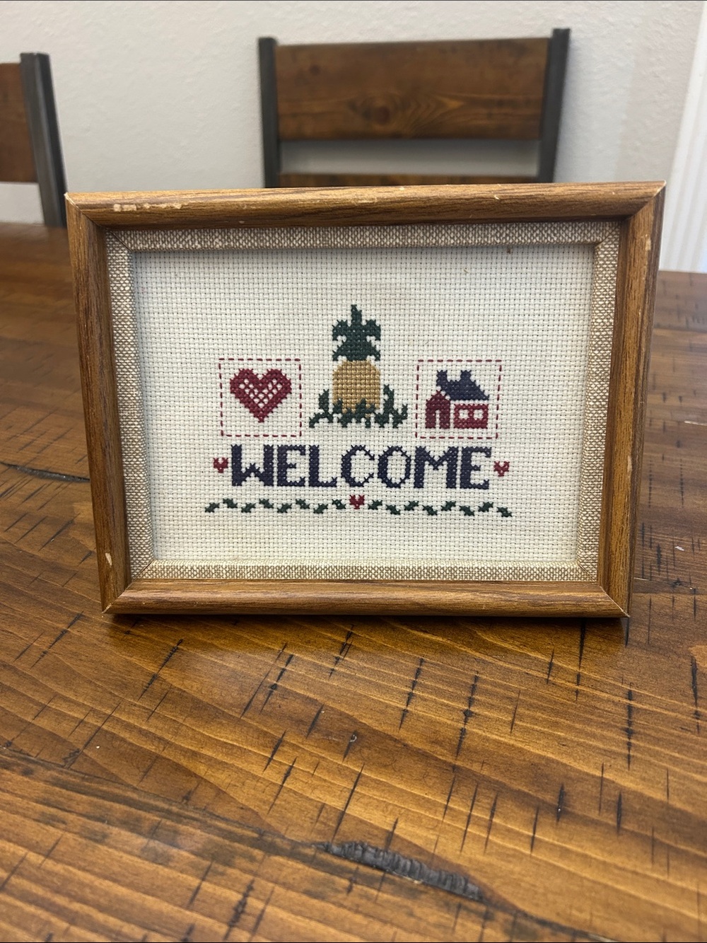Welcome Cross-Stitch Framed Home Accent - Neutral, Navy & Red 8by6.5